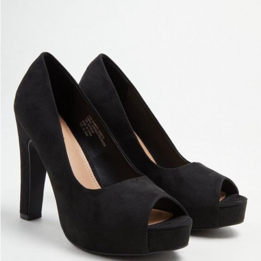Platform Peep Toe Heel - Black Faux Suede